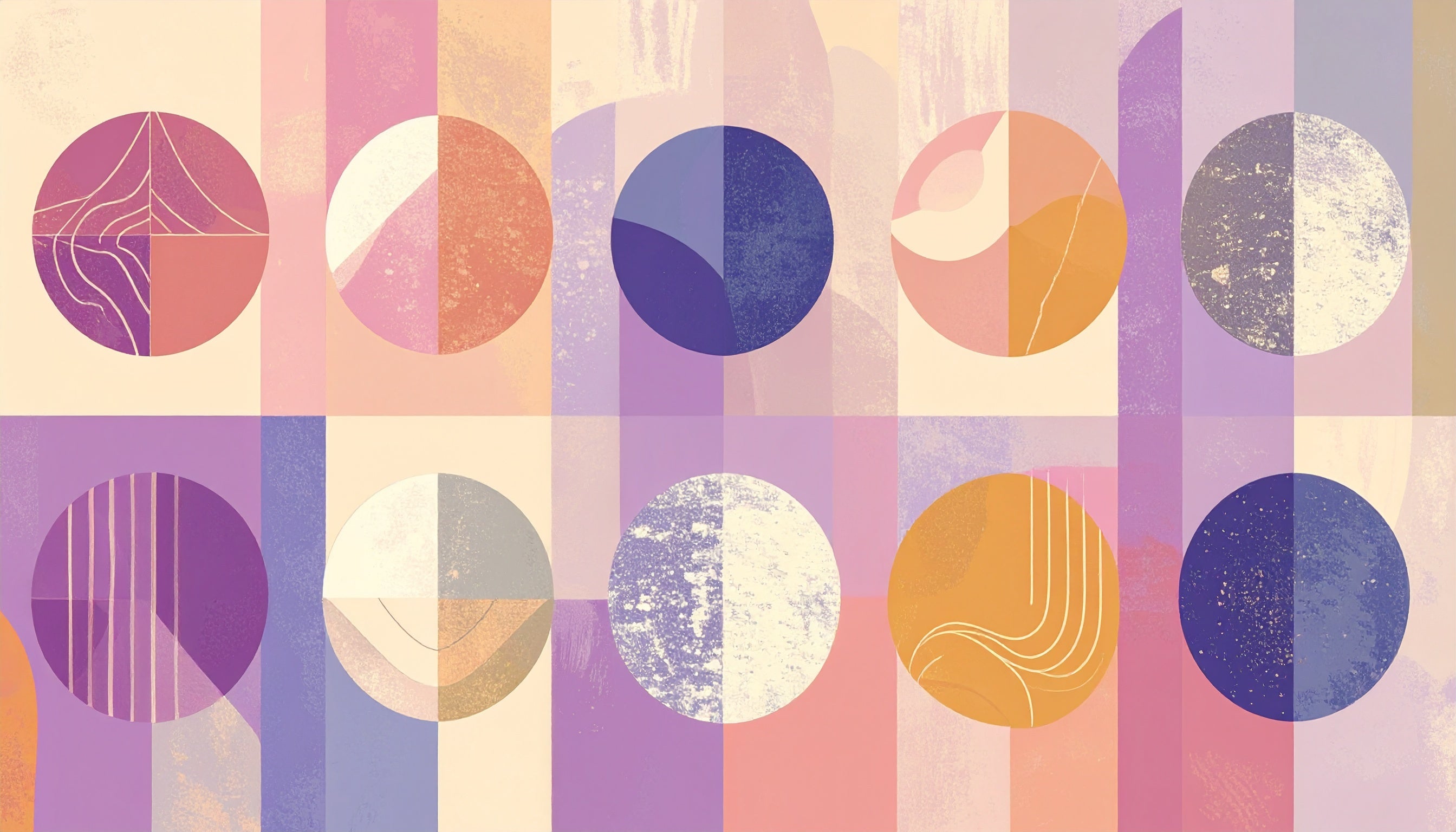 Abstract iIllustration with geometric circles and textured shapes in soft purple, pink, and beige tones, representing different wine styles like light & fresh, bright & fruity, bold & structured, aromatic & spicy.